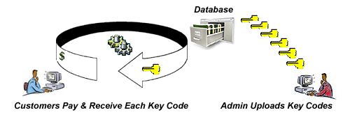 Shopping cart program automates delivery of key code for unlocking software or activating phone cards.